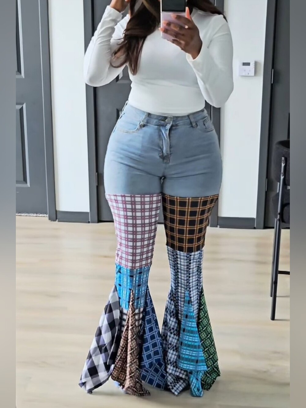 High Waist Checkered Patchwork Flare Jeans